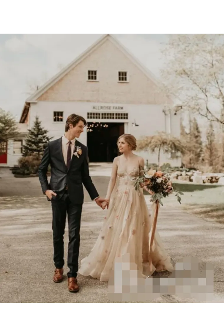 3D Flower Colorful Tulle Wedding Dresses V Neck Fairy Lace Bridal Dresses