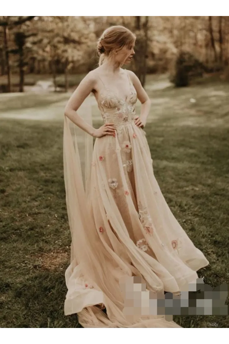 3D Flower Colorful Tulle Wedding Dresses V Neck Fairy Lace Bridal Dresses