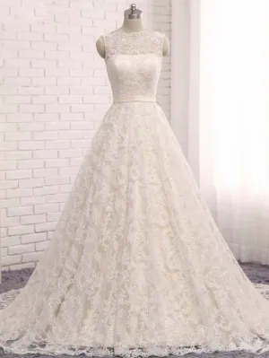 A-line Bateau Neck Lace Wedding Dress