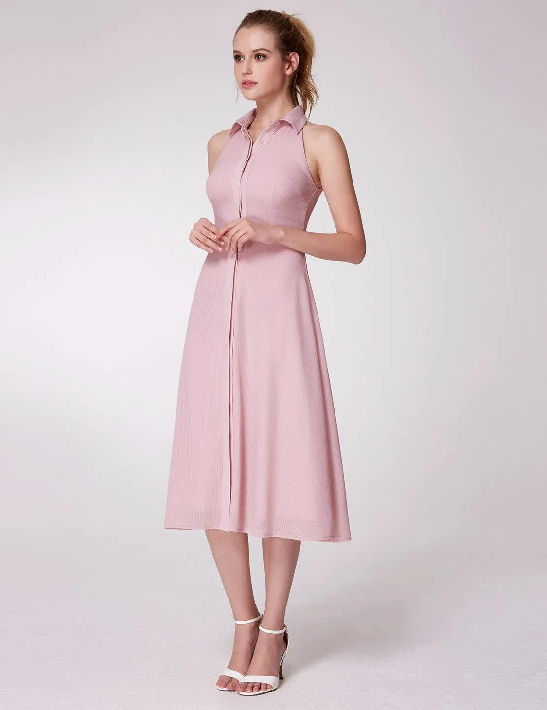 Alisapan  Women's Pink Tea Length Stand-up Collar Sleeveless Casual Dresses With Button AS07196