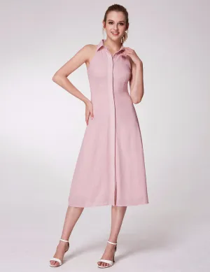 Alisapan  Women's Pink Tea Length Stand-up Collar Sleeveless Casual Dresses With Button AS07196
