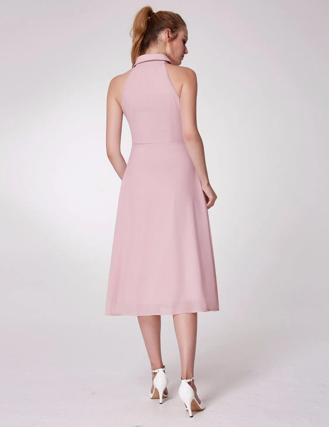Alisapan  Women's Pink Tea Length Stand-up Collar Sleeveless Casual Dresses With Button AS07196