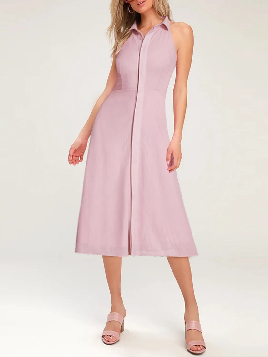 Alisapan  Women's Pink Tea Length Stand-up Collar Sleeveless Casual Dresses With Button AS07196