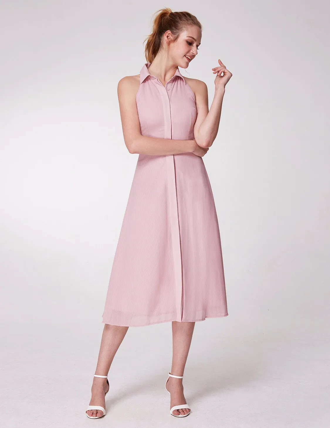 Alisapan  Women's Pink Tea Length Stand-up Collar Sleeveless Casual Dresses With Button AS07196