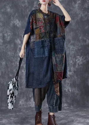 Art Navy Oversized Patchwork Chinese Button Denim Cardigans Art Navy Oversized Patchwork Chinese Button Denim Cardigans