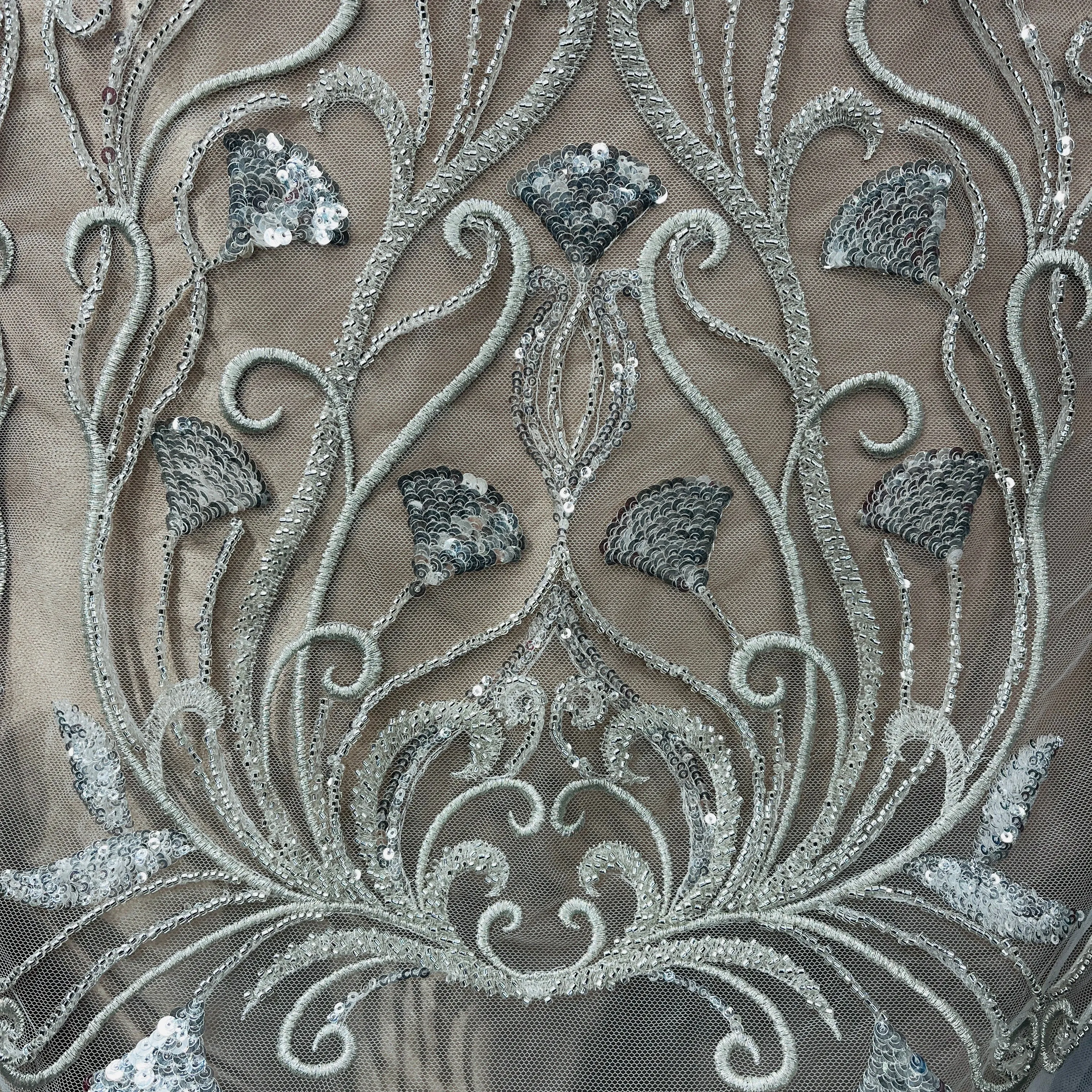 Beaded Lace Fabric Embroidered on 100% Polyester Net Mesh | Lace USA - GD-217064