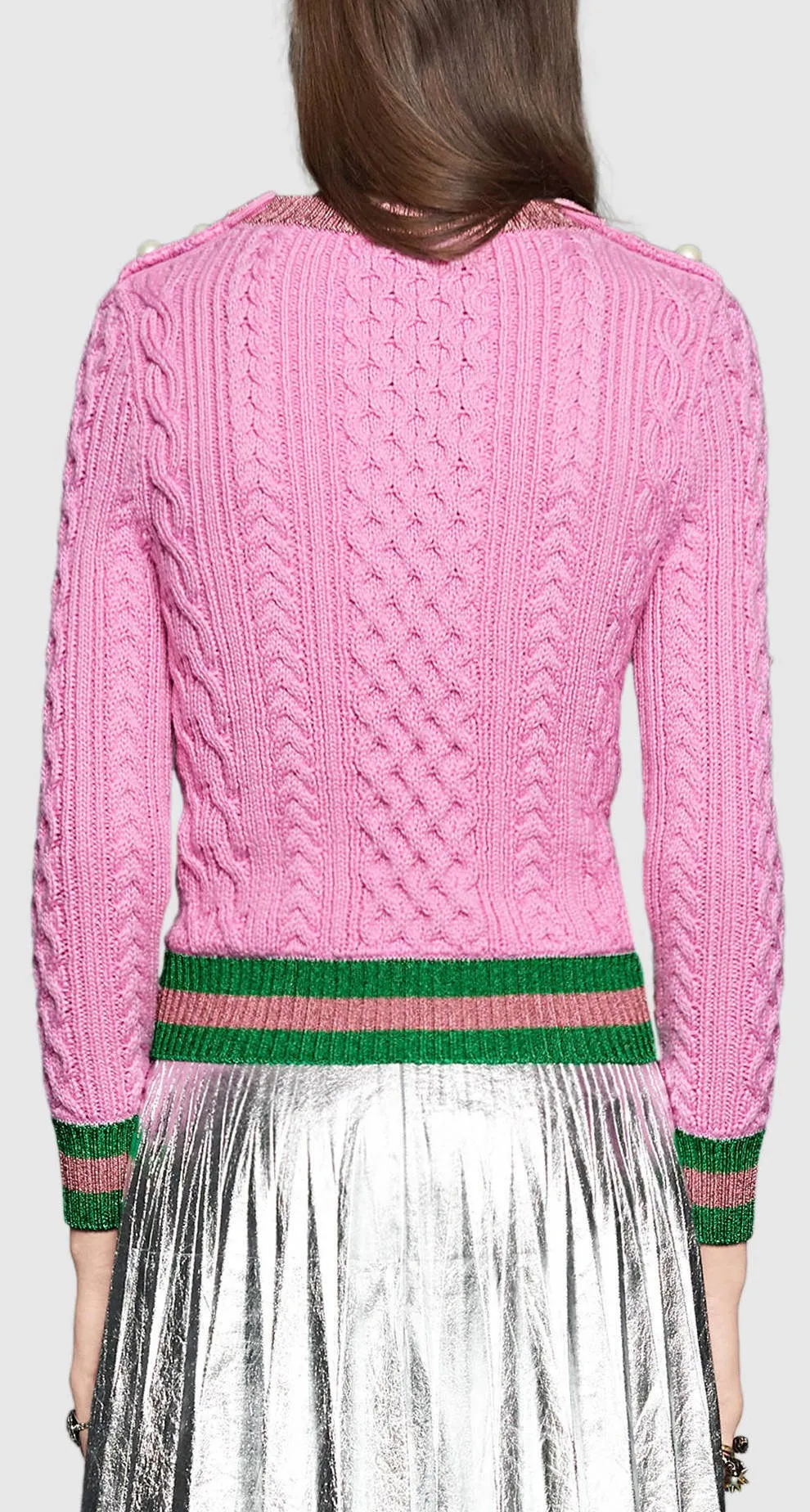 Beaded Shoulder Contrast-Stripe Knit Sweater in Pink