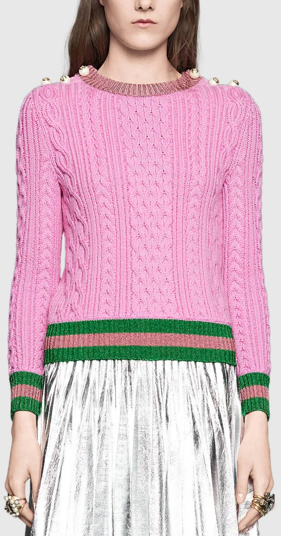 Beaded Shoulder Contrast-Stripe Knit Sweater in Pink