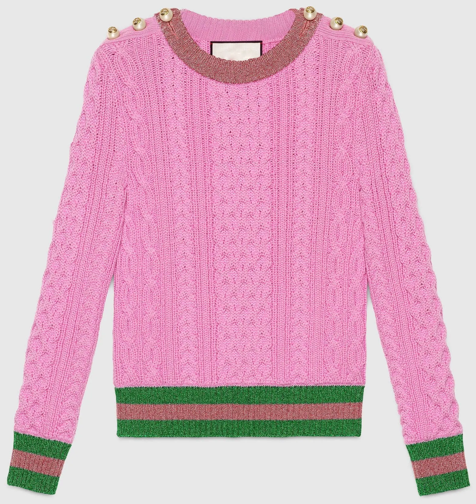 Beaded Shoulder Contrast-Stripe Knit Sweater in Pink