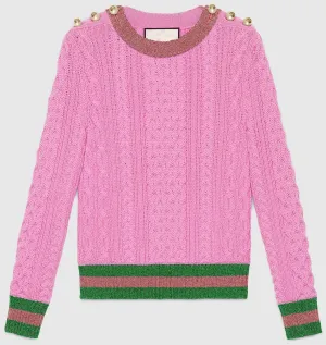 Beaded Shoulder Contrast-Stripe Knit Sweater in Pink