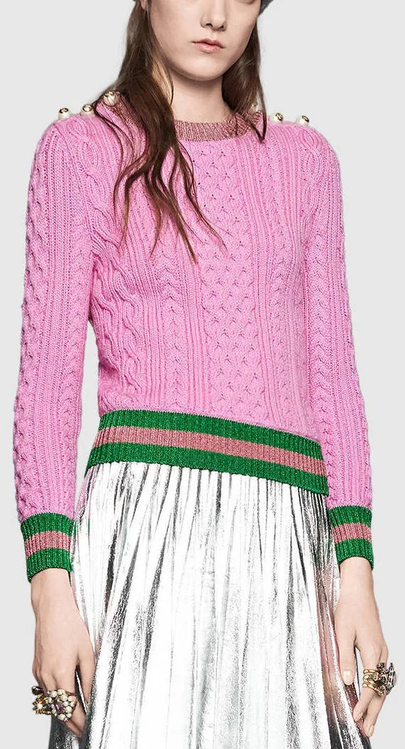 Beaded Shoulder Contrast-Stripe Knit Sweater in Pink