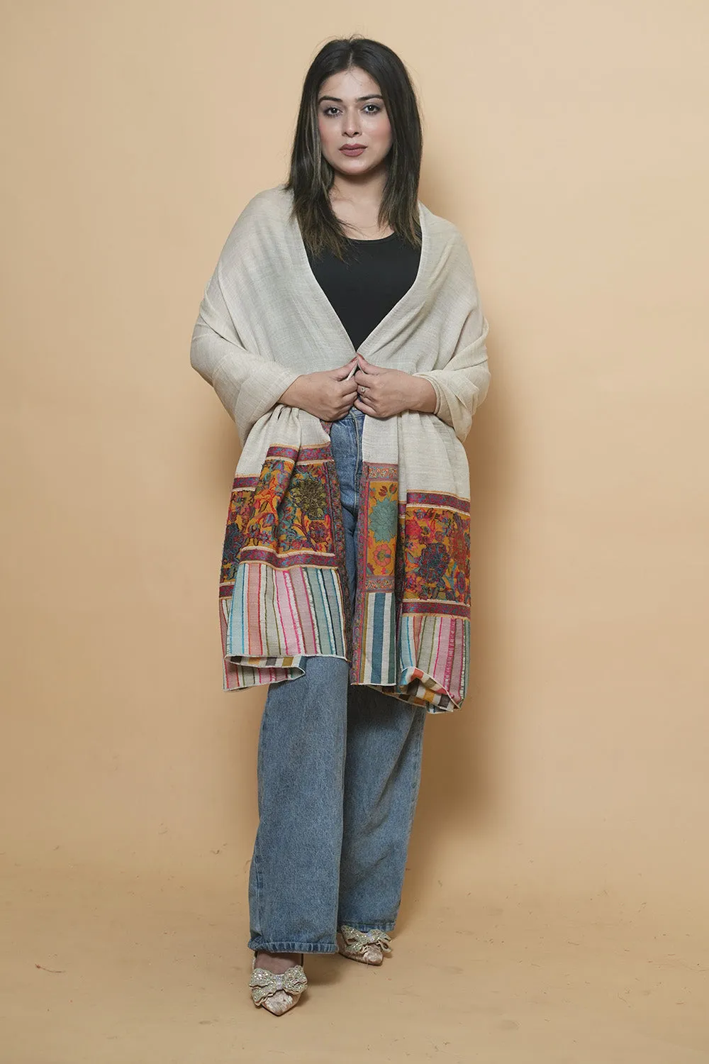Beige Colour Kani Shawl With Kani Style Bold And Dense Border Gives Rich And beautiful Look.