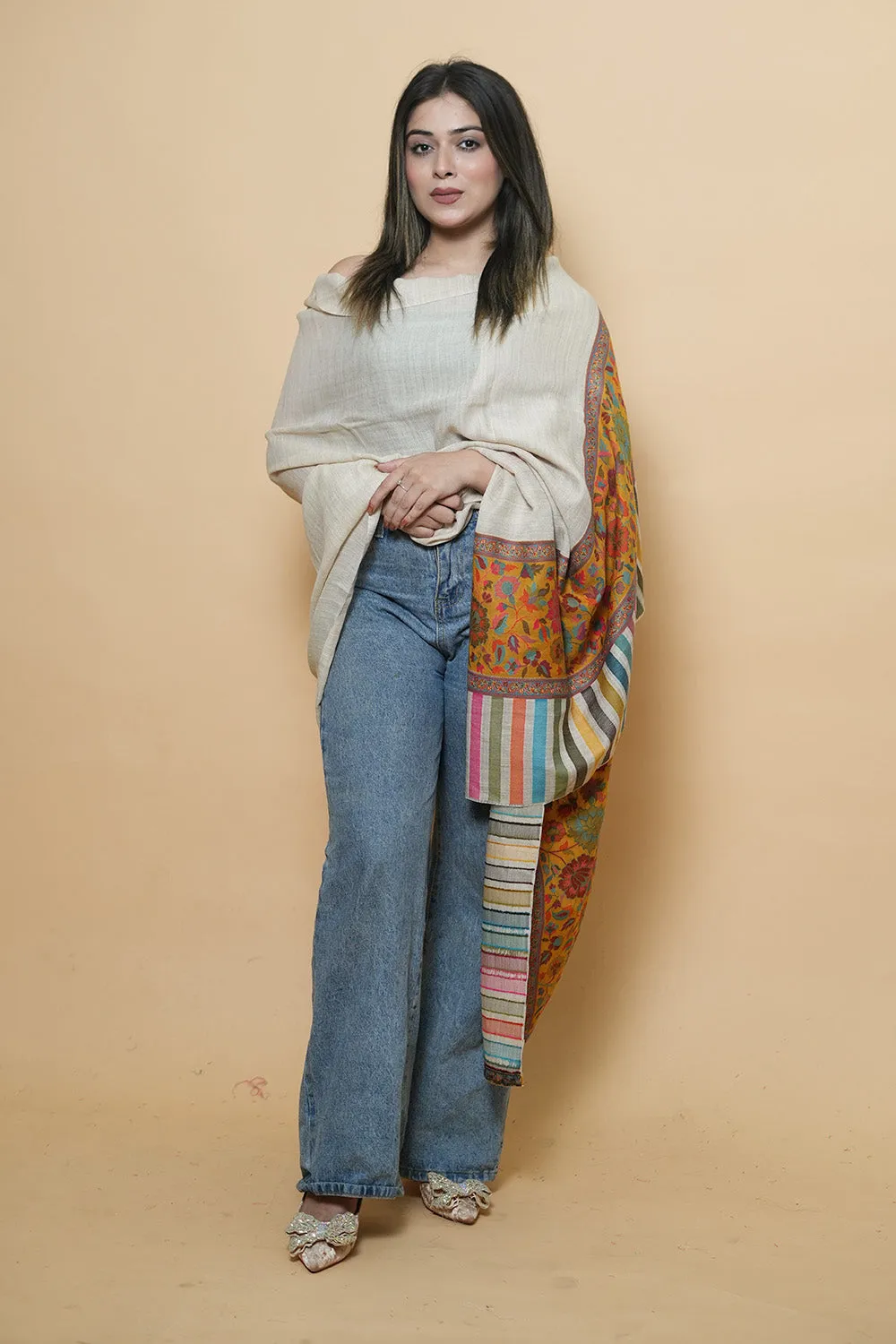 Beige Colour Kani Shawl With Kani Style Bold And Dense Border Gives Rich And beautiful Look.