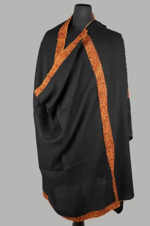 Black Colour Sozni Work Handwoven Shawl On Semi Pashmina Fabric With Multicoloured 1 and Half inch Border.