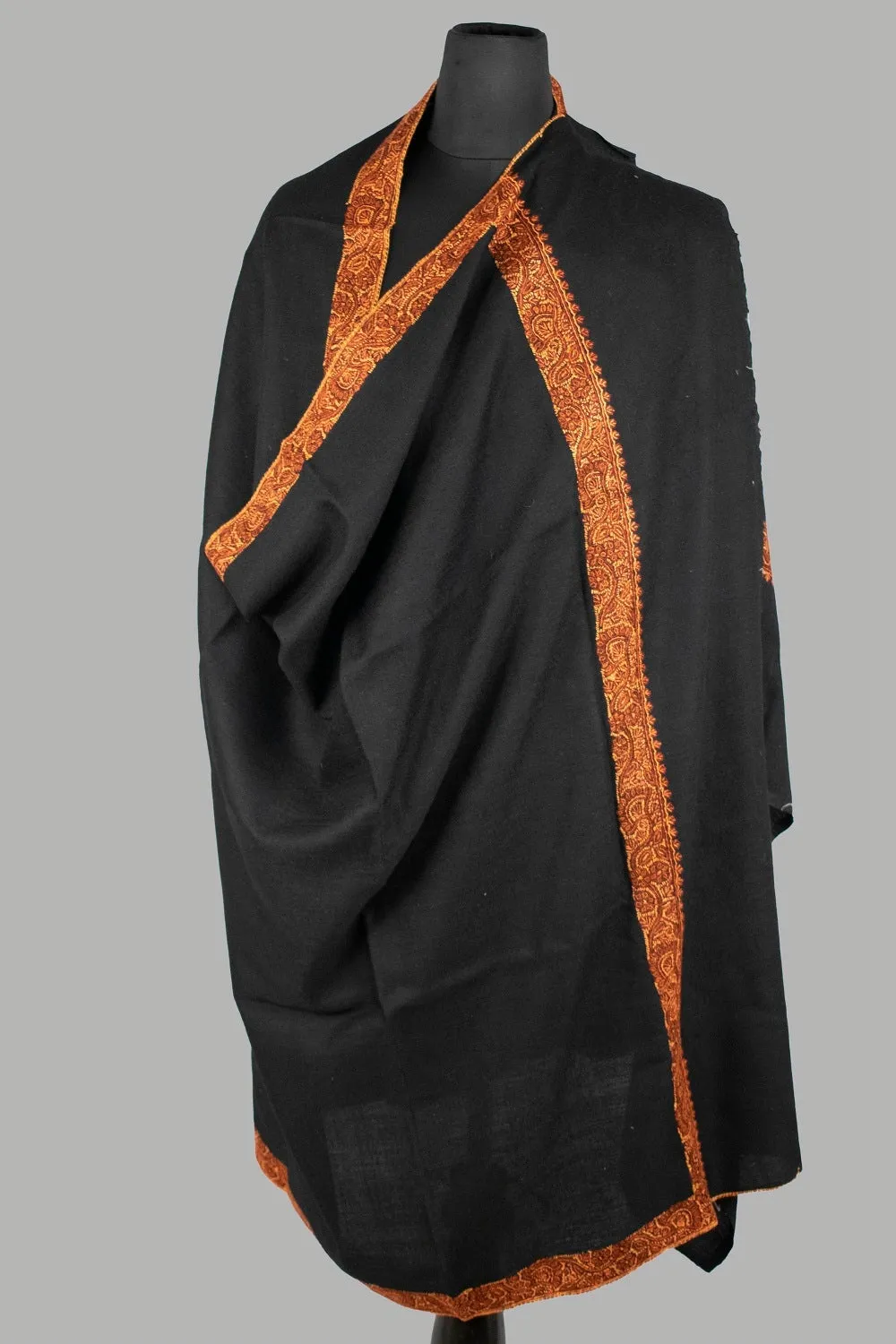 Black Colour Sozni Work Handwoven Shawl On Semi Pashmina Fabric With Multicoloured 1 and Half inch Border.