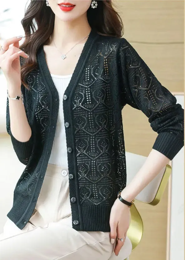 Bohemian Black V Neck Solid Ice Size Knit Cardigans Summer LY8116