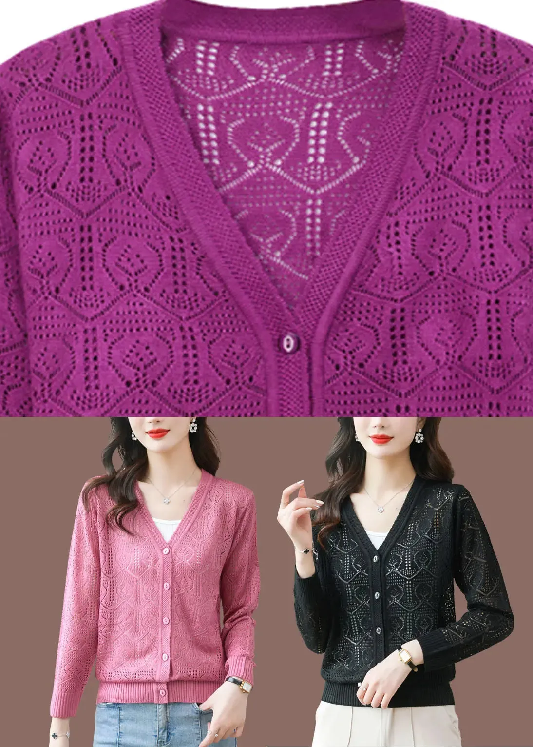 Bohemian Black V Neck Solid Ice Size Knit Cardigans Summer LY8116