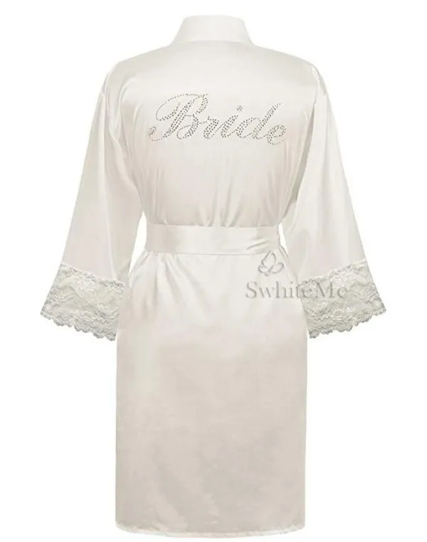 BRIDE RHINESTONE SATIN GOWN WITH LACE ON SLEEVES