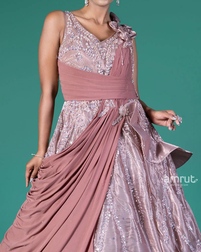 Brown Embellished Gown with Draped Dupatta