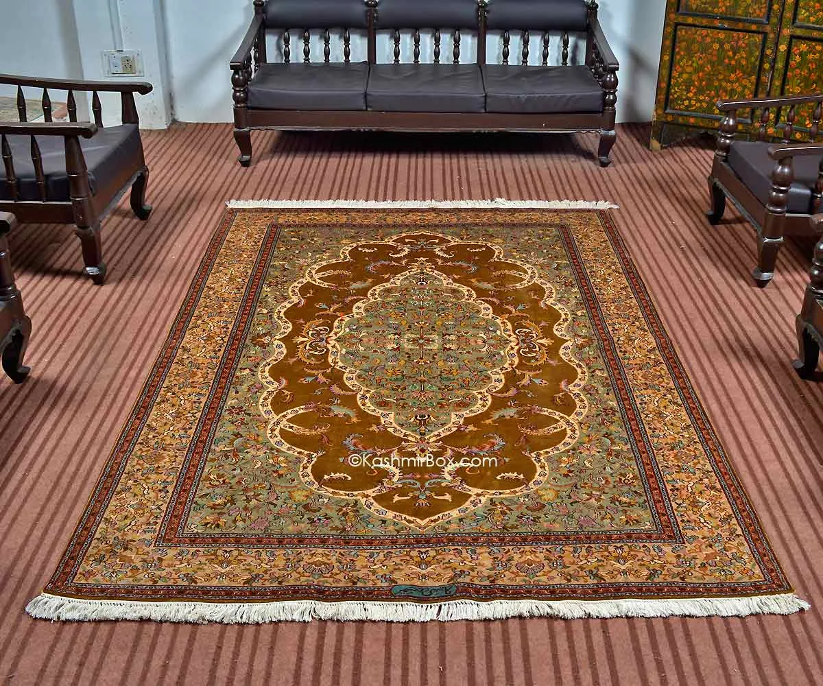 Brown Kirman Kashan Silk Carpet