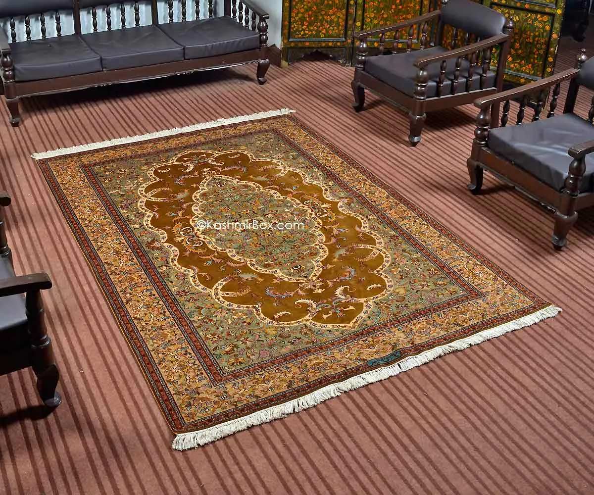 Brown Kirman Kashan Silk Carpet