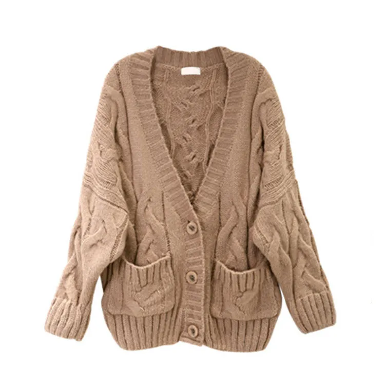Cable Knit Deep V-neck Buttons Pockets Loose Cardigan