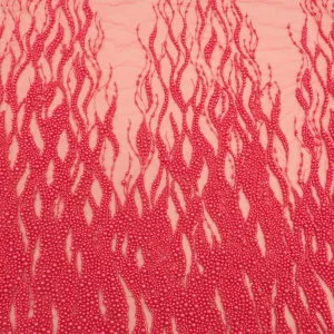 Cherry Red Pearl Design Embroidered Tulle Fabric