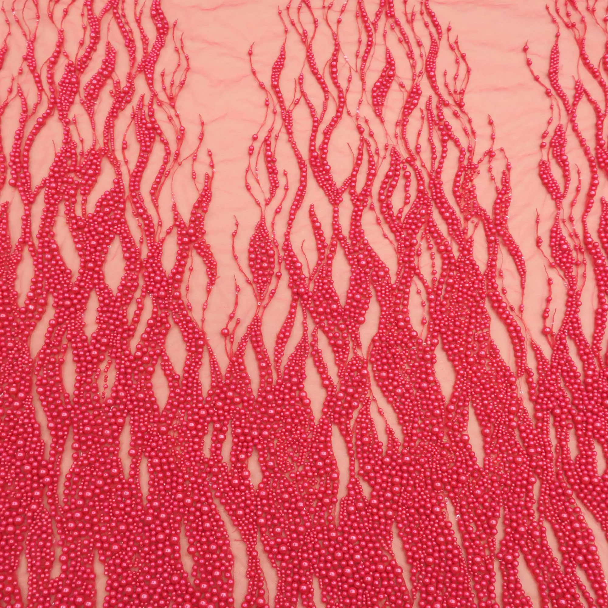 Cherry Red Pearl Design Embroidered Tulle Fabric