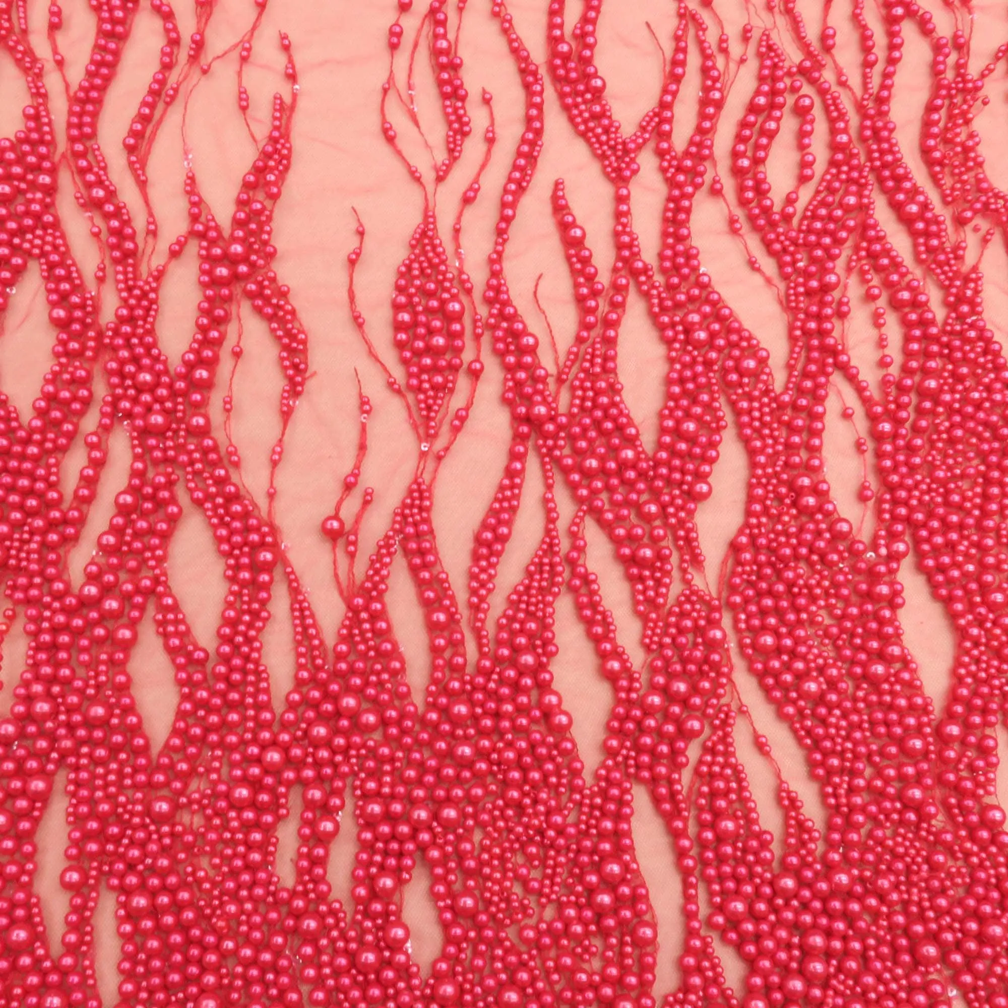 Cherry Red Pearl Design Embroidered Tulle Fabric