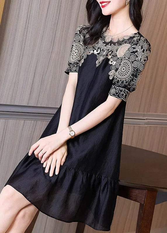 Chic Black Embroideried O-Neck Hollow Out Long Dresses Short Sleeve LY4456