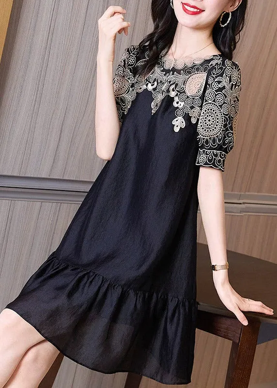 Chic Black Embroideried O-Neck Hollow Out Long Dresses Short Sleeve LY4456