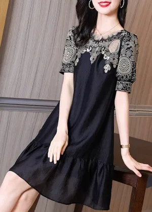 Chic Black Embroideried O-Neck Hollow Out Long Dresses Short Sleeve LY4456