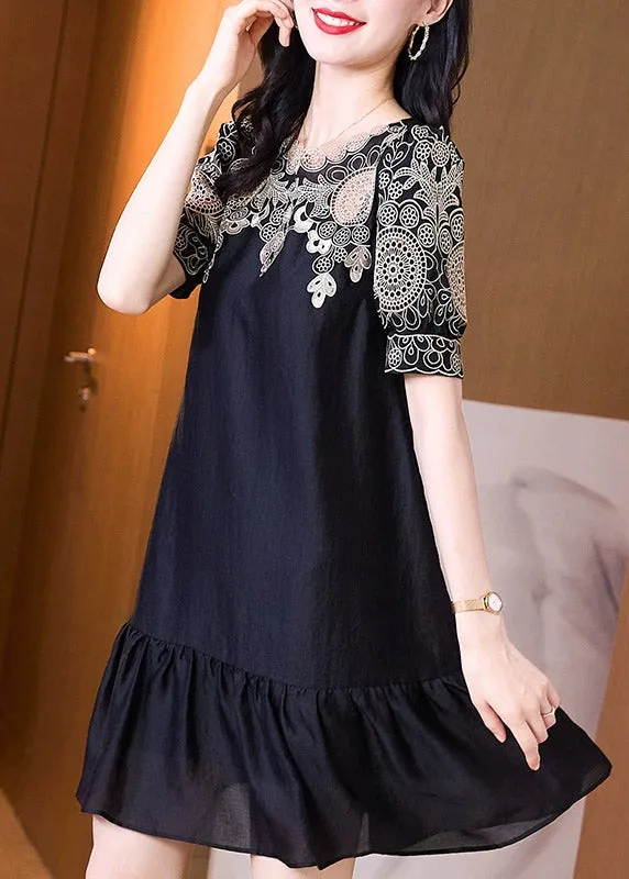 Chic Black Embroideried O-Neck Hollow Out Long Dresses Short Sleeve LY4456