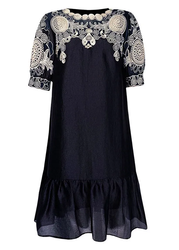 Chic Black Embroideried O-Neck Hollow Out Long Dresses Short Sleeve LY4456