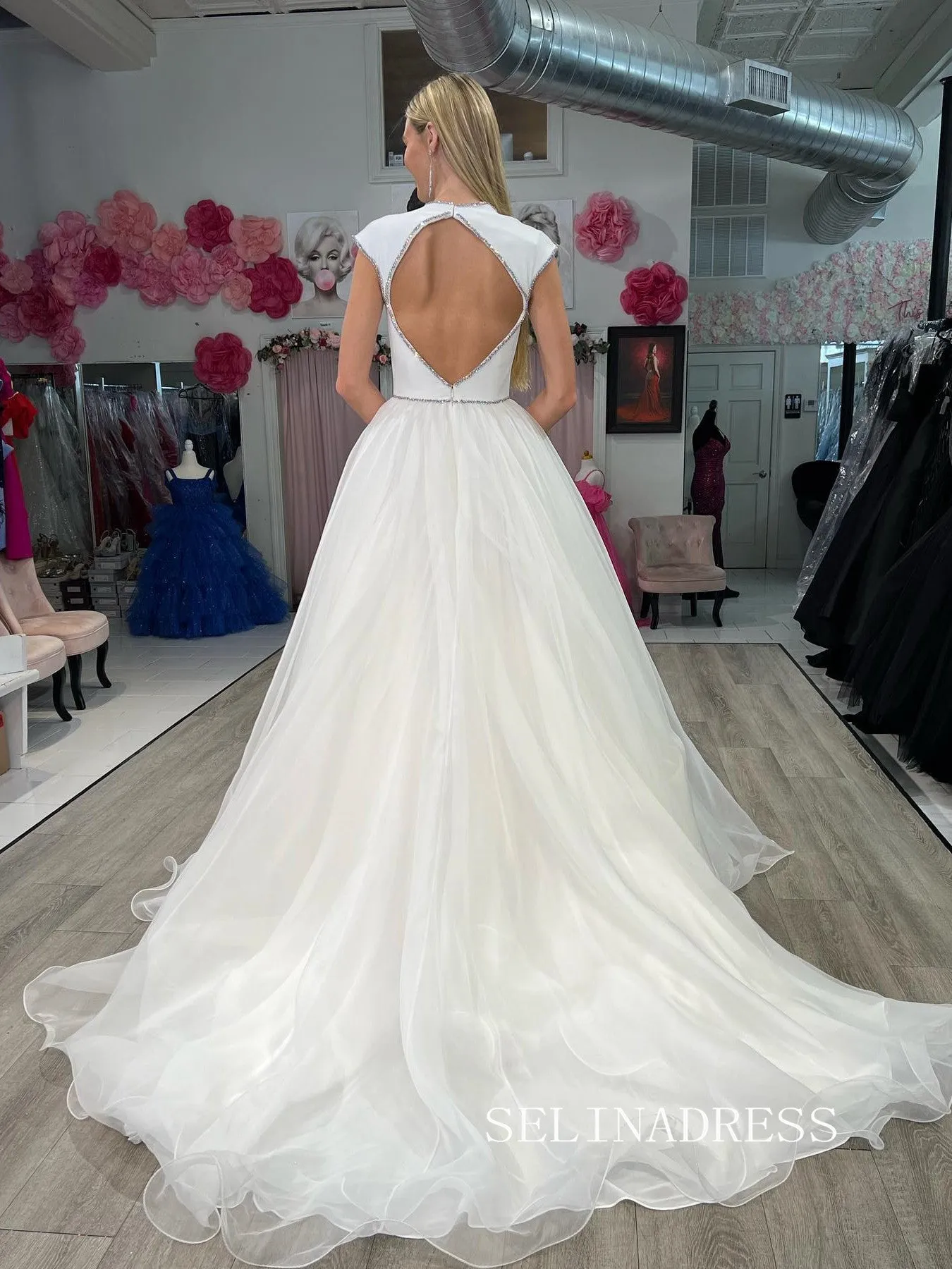 Chic White Long Prom Dresses Open Back High Slit Evening Dress #TKL201