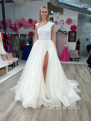 Chic White Long Prom Dresses Open Back High Slit Evening Dress #TKL201