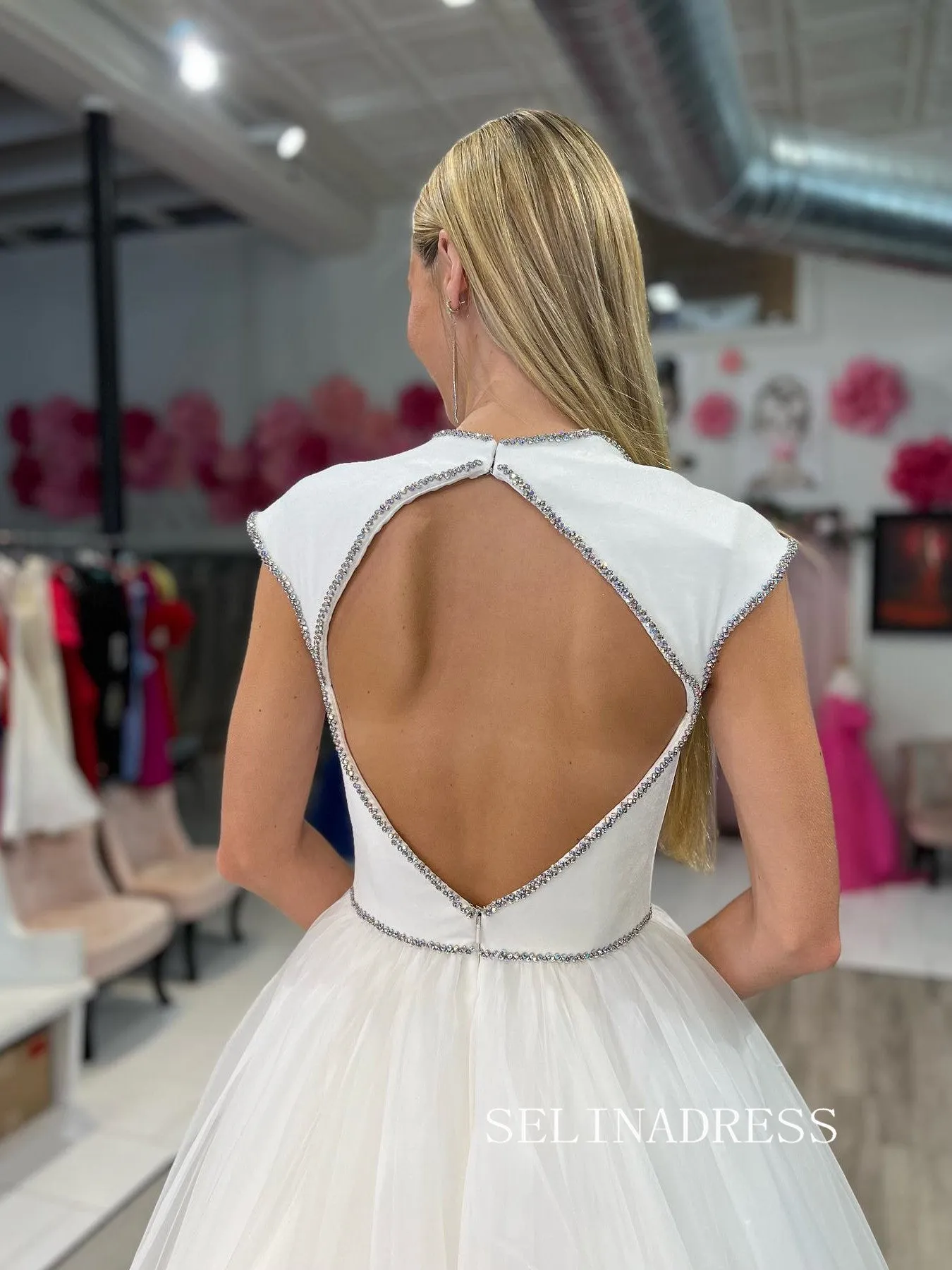 Chic White Long Prom Dresses Open Back High Slit Evening Dress #TKL201