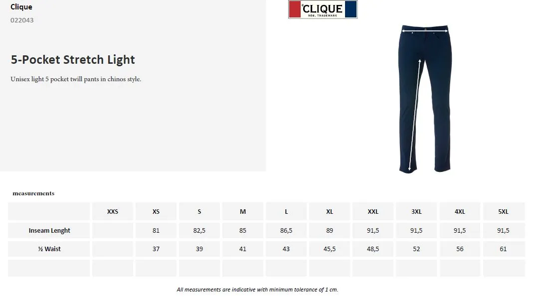 Clique 5-Pocket Stretch Light Trousers | Unisex | Lightweight Twill Cotton | Navy | XS-5XL