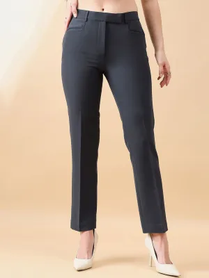 Comfort Fit Mid Waist Stretch Pants- Dark Grey