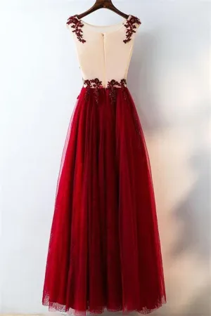 Elegant Burgundy A-Line Lace Tulle Prom Dresses Beautiful Party Dresses
