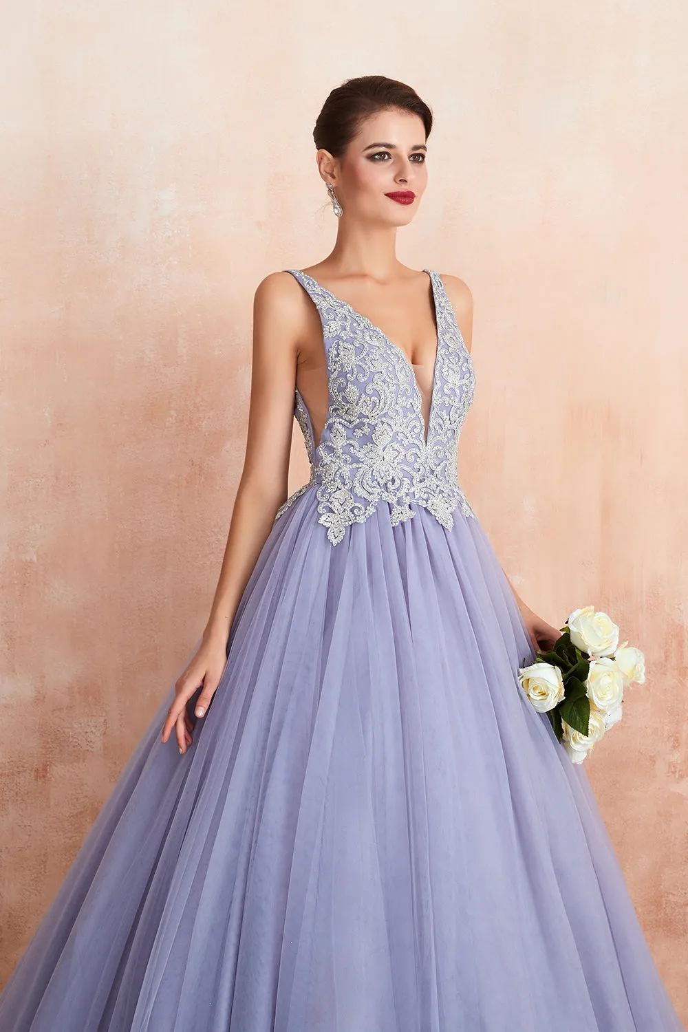Excellent Long Princess V-neck Sleeveless Tulle Backless Prom Dress