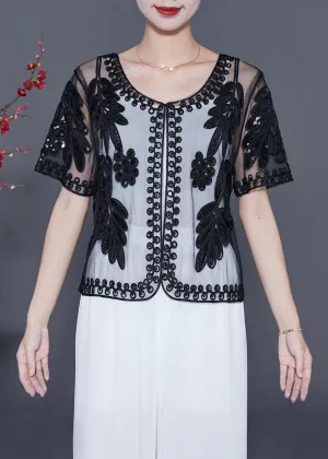 Fashion Black Sequins Embroideried Tulle Cardigans Summer