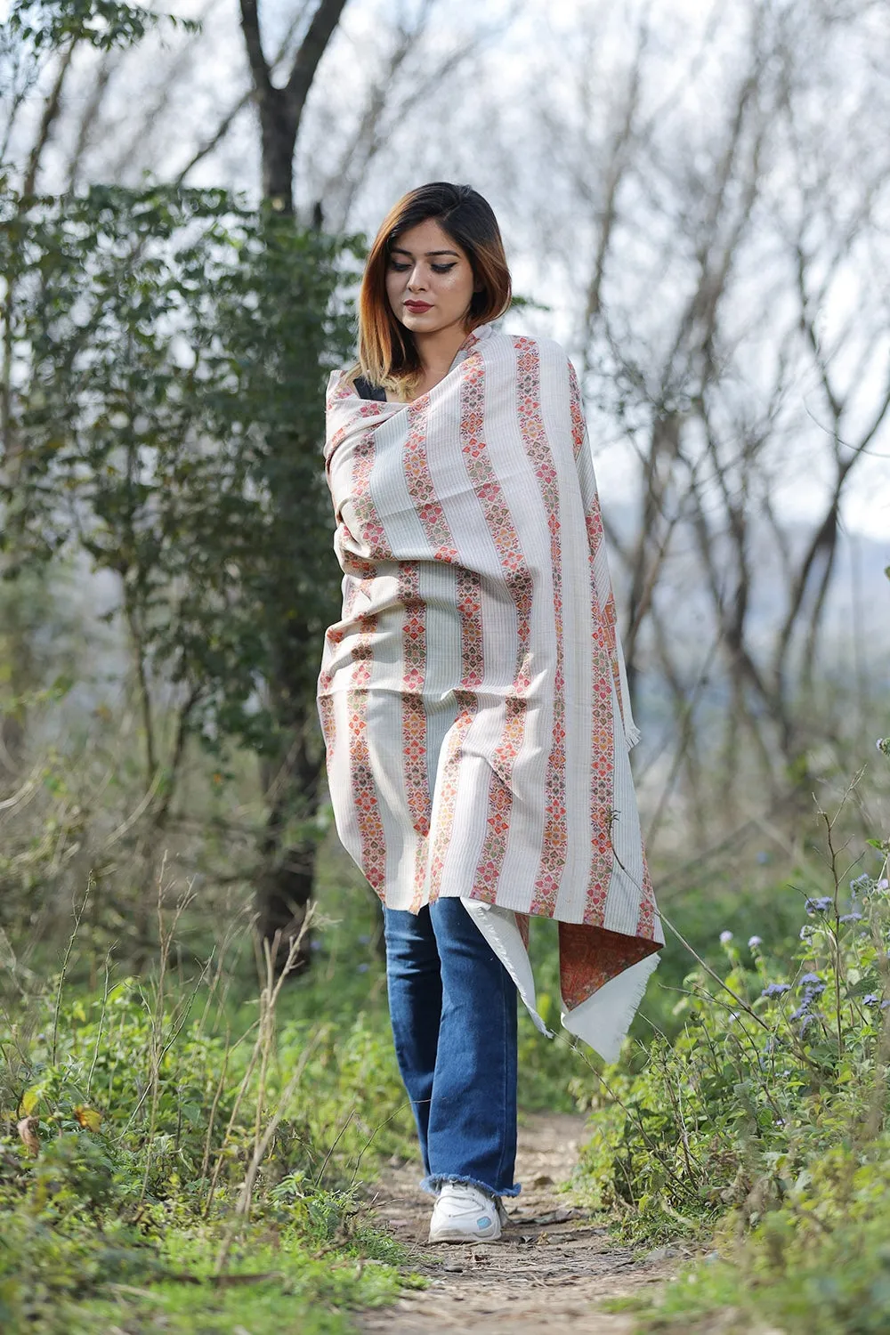 Fawn Colour Shawl With Flower Pattern Style Bold And Dense Border Gives Rich And beautiful Look.