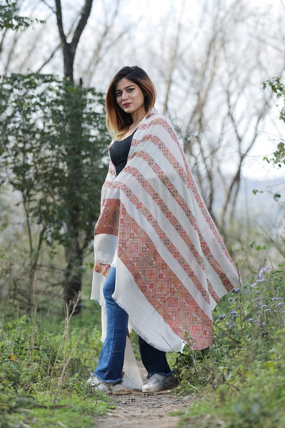 Fawn Colour Shawl With Flower Pattern Style Bold And Dense Border Gives Rich And beautiful Look.