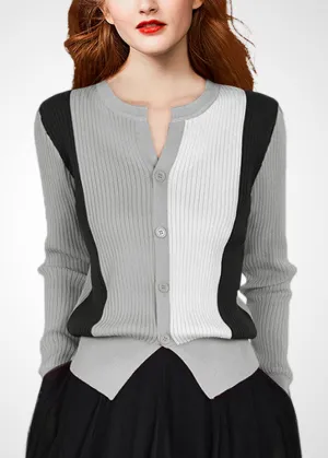 French Grey O-Neck Patchwork Wool Knit Cardigans Winter