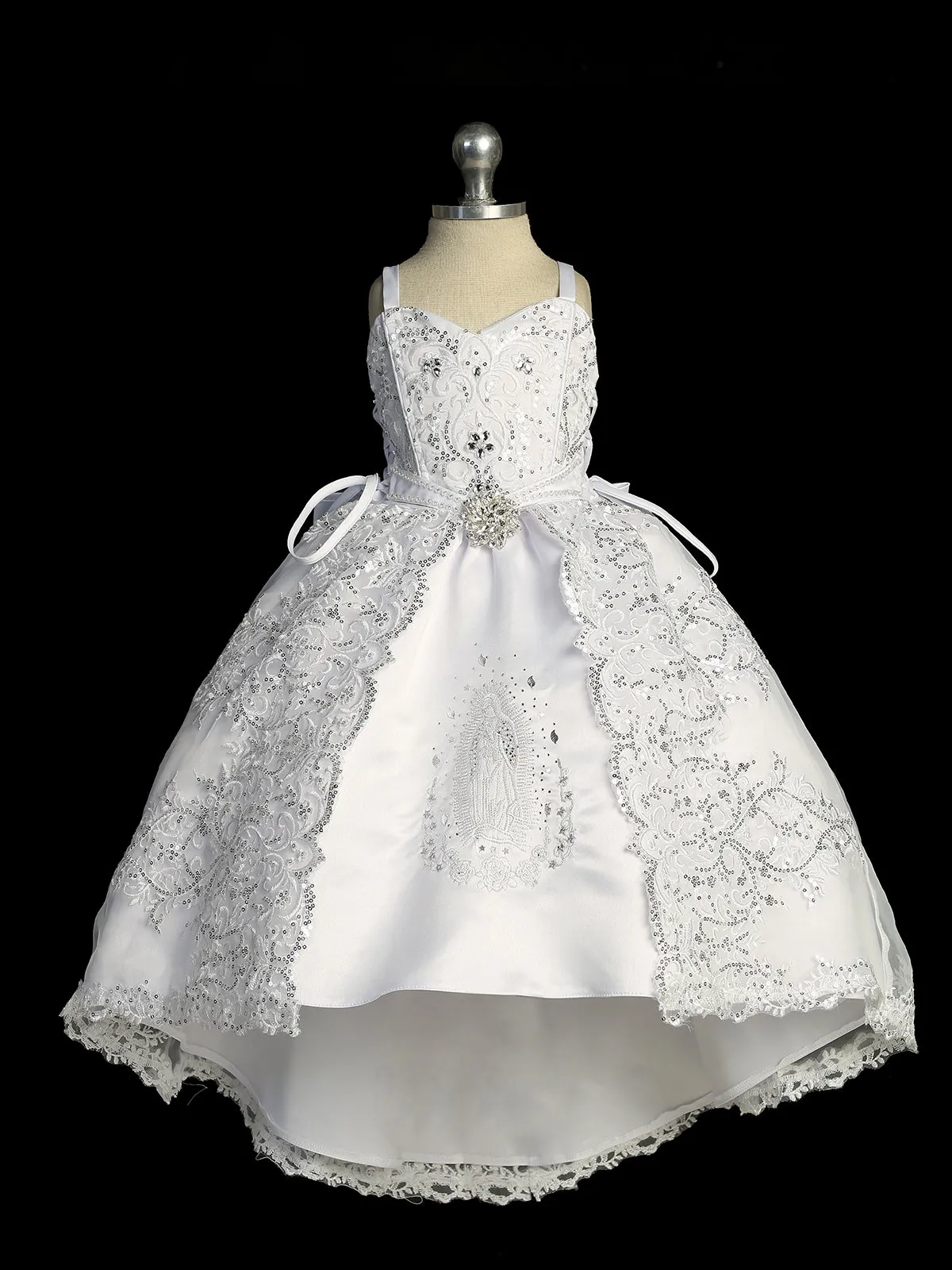 Girls Graceful White Virgin Mary Embroidered Christening Dress, Sizes 0-6
