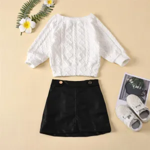 Girls Solid Color Twist Crew Neck Sweaters & PU Skirt Wholesale Girls