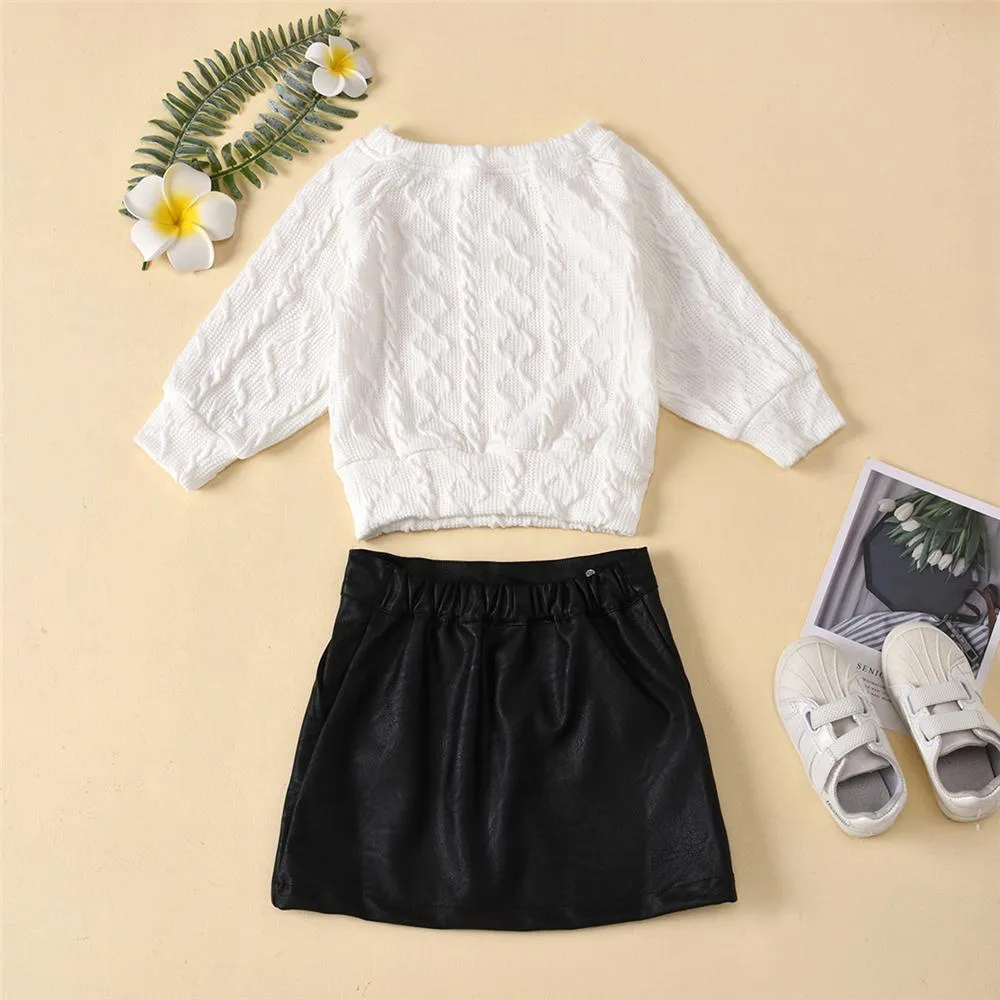 Girls Solid Color Twist Crew Neck Sweaters & PU Skirt Wholesale Girls