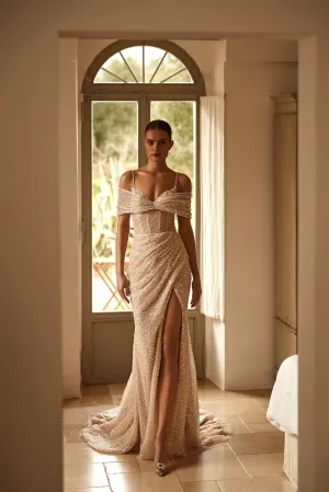 Glamorous Beaded Sequin Gown with Bow Sleeves and Daring Slit Plus Size