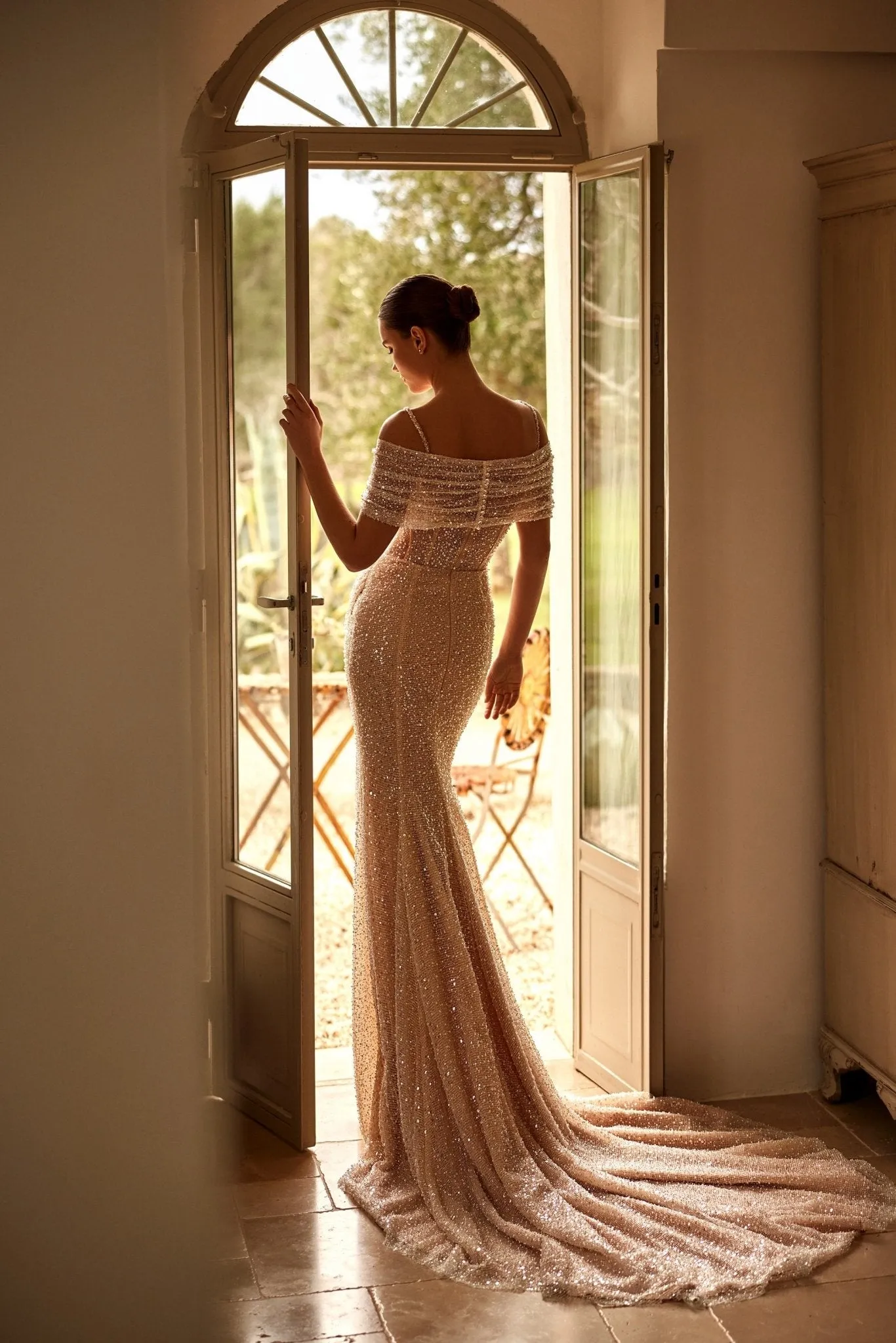 Glamorous Beaded Sequin Gown with Bow Sleeves and Daring Slit Plus Size